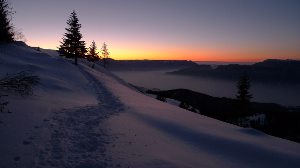 Snowy landscape at sunset