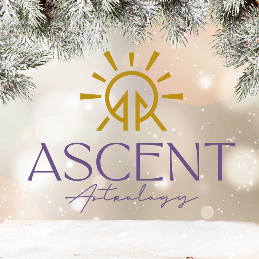 Snow covered evergreen boughs with Ascent Astrology logo