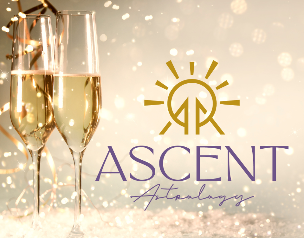 Two champagne flutes with Ascent Astrology Logo