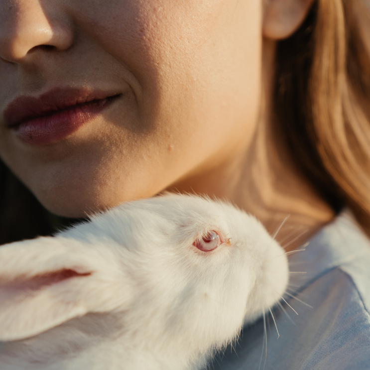 Image of girl's face close up with a white rabbit like Alice in Wonderland