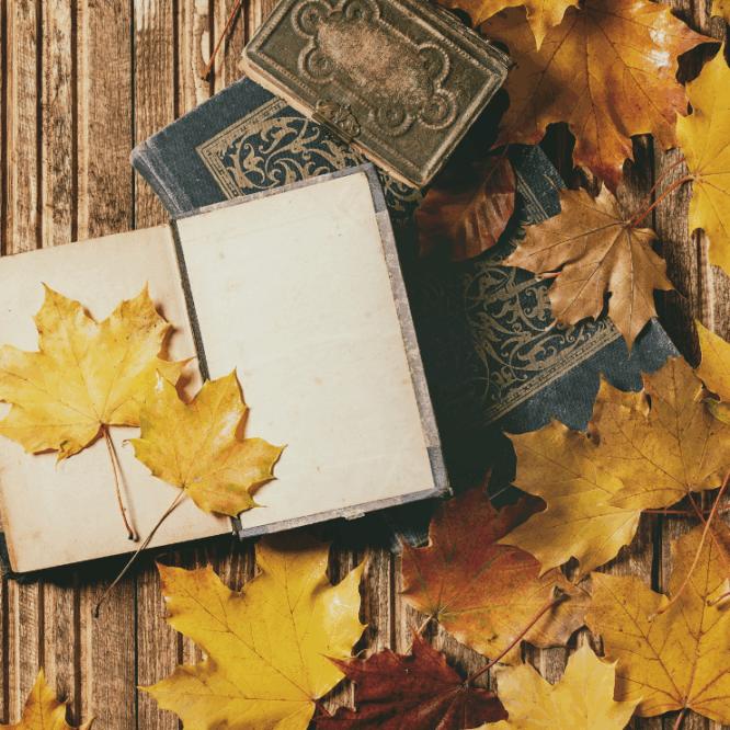 Journal open with yellow fall leaves in the pages