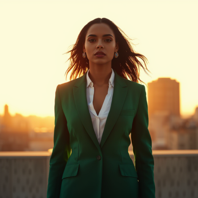 Woman in a green suit looking confident