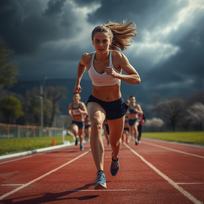 Woman Running on a track on spring day with a storm brewing behind her.