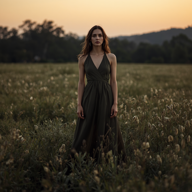 Woman standing in a field of wildflowers at sunset