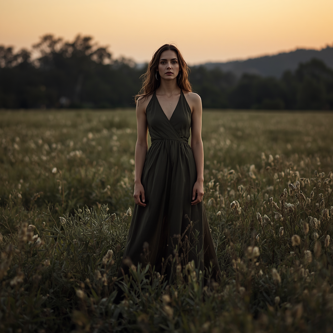 Woman standing in a field of wildflowers at sunset