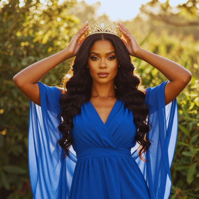 Woman in a blue flowing dress putting a crown on her head