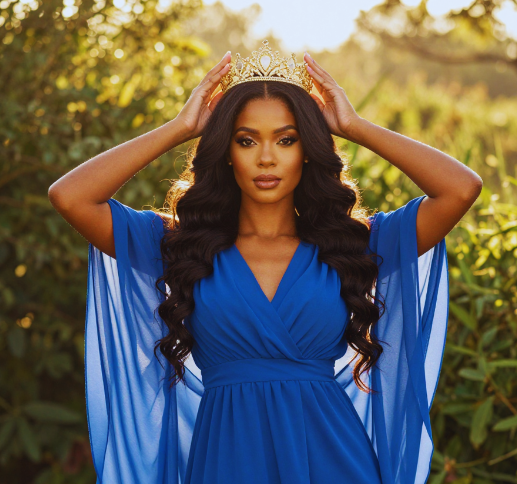 Woman in a blue flowing dress putting a crown on her head